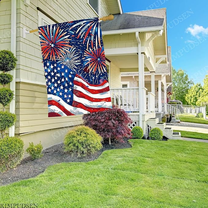 Patriotic 4th of July Floral House Flag 28x40 Inch Double Sided, Large Burlap Memorial Day Welcome Daisy Yard Flag for Summer Holiday Seasonal Outside Decoration