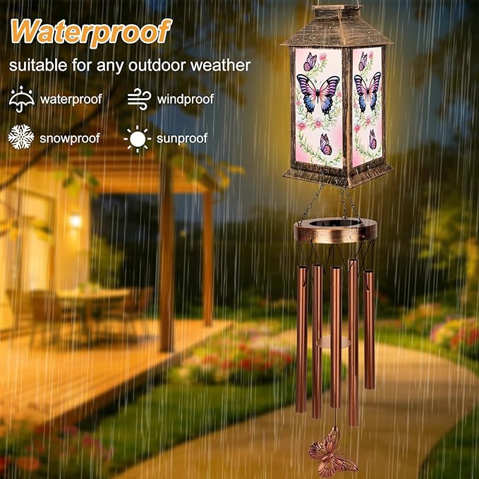 YHmall Wind Chimes for Outside, 37" Hanging Solar Windchimes Outdoors Memorial Butterfly Gifts for Women Mom Grandma, Solar Lanterns Wind Chimes for Home Patio Yard Garden Decor