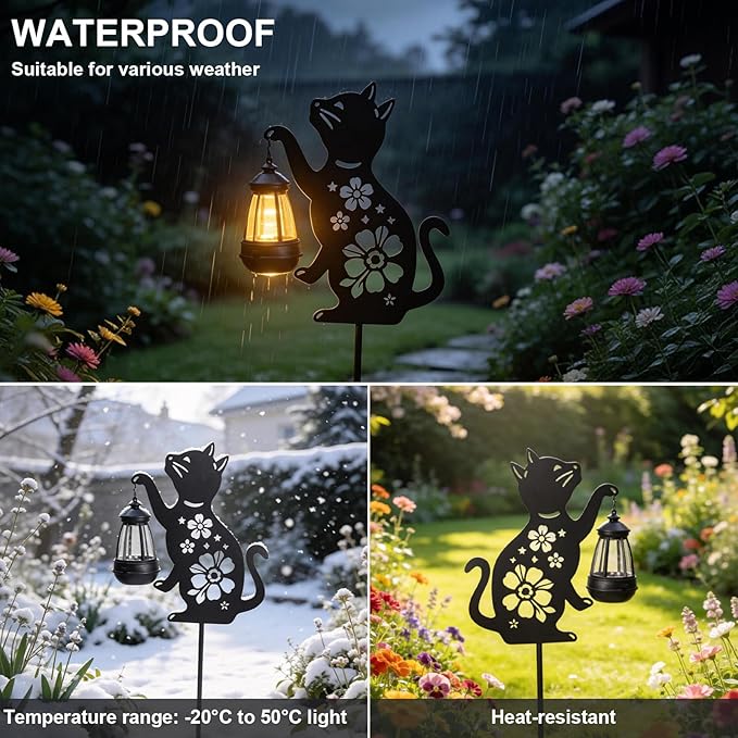 2 Pack Black Cat Solar Lights Set Metal Decorative Solar Cat Hanging Lights Outdoor Set Unisex Pet Gift Waterproof Garden Decor,Outdoor Ornament Perfect for Women' Birthdays, Mother's Day