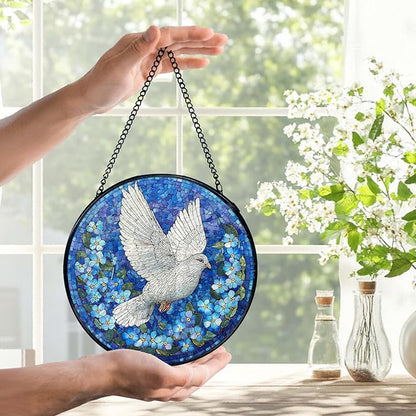 White Dove Bird Suncatchers Stained Glass Window Hanging, Forget Me Not Flower Pigeon Sun Catchers Indoor Window Glass Round Wall Decor, Bird Floral Wall Hanging Decorations, 7.9x7.9in