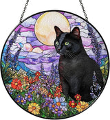 Black Cat Stained Glass Suncatcher – Cat Wild Floral Window Hanging Decor, Cats Memorial Gifts, Pet Loss Sympathy Gift for Pet Lovers, Home & Garden Decoration, Birthday, Christmas, Mother's Day