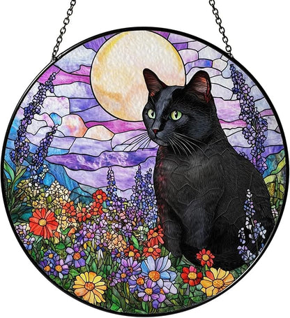 Black Cat Stained Glass Suncatcher – Cat Wild Floral Window Hanging Decor, Cats Memorial Gifts, Pet Loss Sympathy Gift for Pet Lovers, Home & Garden Decoration, Birthday, Christmas, Mother's Day