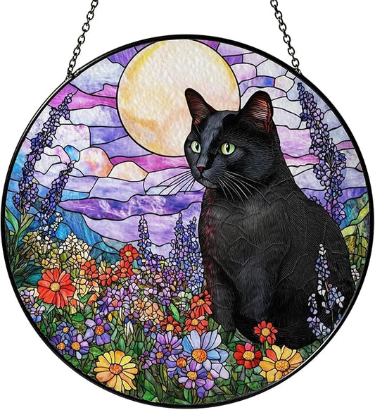 Black Cat Stained Glass Suncatcher – Cat Wild Floral Window Hanging Decor, Cats Memorial Gifts, Pet Loss Sympathy Gift for Pet Lovers, Home & Garden Decoration, Birthday, Christmas, Mother's Day