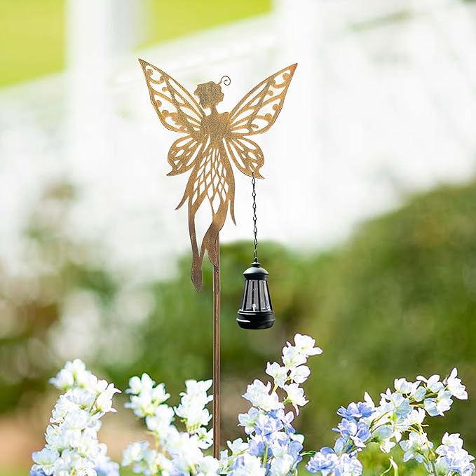 Solar Dancing Fairy Garden Decor, Outdoor Metal Fairy Statues with Stakes, Waterproof Garden Ornament for Patio Lawn Yard, Housewarming Gift for Gardening Mom Grandma