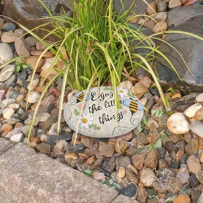 Spring Decorative Garden Stones Outdoor, 6x4.1In Enjoy The Little Things Bee Stone with White Flower, Concrete Stepping Stones for Walkway Pathway Yard Outside