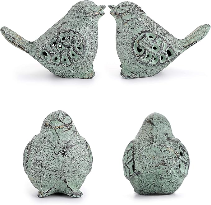 OwnMy 2PCS Cast Iron Green Bird Sculptures - Outdoor & Indoor Small Birds Statues, Hollow Carved Bird Figurines Ornaments Decorative Animal Figurines for Garden Patio Home Decors