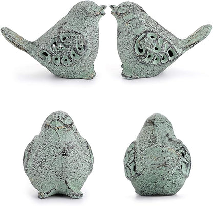 OwnMy 2PCS Cast Iron Green Bird Sculptures - Outdoor & Indoor Small Birds Statues, Hollow Carved Bird Figurines Ornaments Decorative Animal Figurines for Garden Patio Home Decors