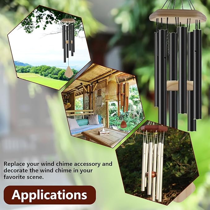 Wind Chime Kit 28 PCS Wind Chime Replacement Parts Including Hexagon Top, Clapper, Wind Catcher, 19.6FT Nylon Cord, DIY Wood Windchime Supplies (Wood)