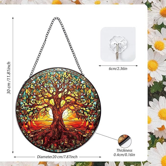 Rngmsi Stained Glass Window Hanging, 7.8″ Tree of Life Sun Catchers with Hook Indoor Window Decor, Decorative Suncatchers Hanging Ornaments Home Garden Art Gift for Housewarming
