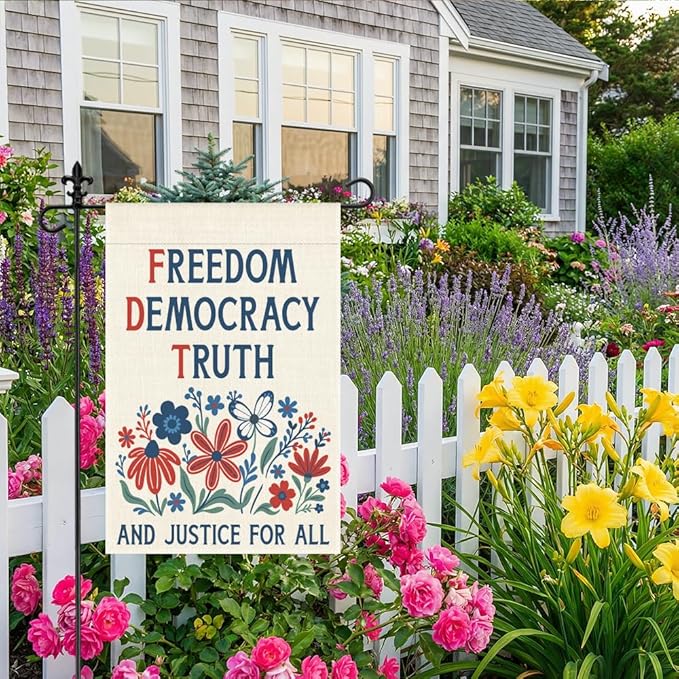Freedom Democracy Truth and Justice for All Garden Flag, 12 x 18 Inch Double Sided Floral Outdoor Patio Garden Decor, Patriotic Yard Banner for Civic Engagement Advocate 4th of July Homeowner