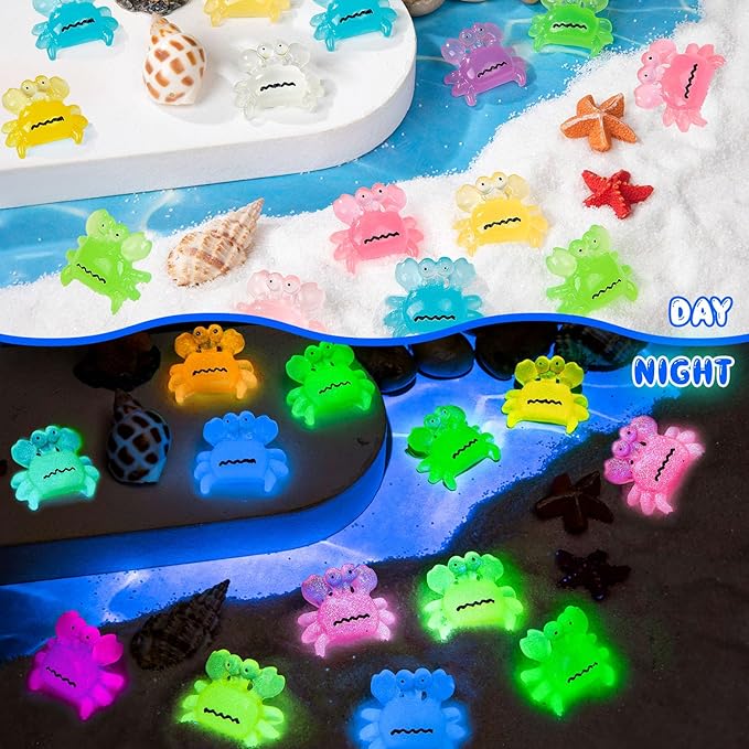 126PCS Luminous Mini Resin Crabs Cute Crab Figurines Glow in The Dark, Tiny Miniature Crabs Animals for Micro Moss Landscape Dollhouse Pots DIY Crafts Hidden Game (7 Colors)