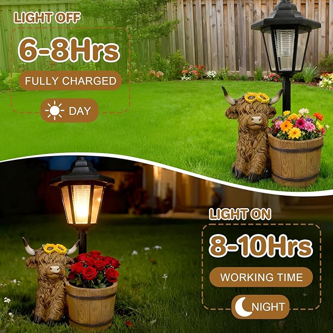 Highland Cow Garden Outdoor Statues with Solar Lights and Flowerpot Decor Animal Figurines Sculptures Resin Outdoor Statues for Patio Yard Lawn Balcony Mom Grandma Gifts