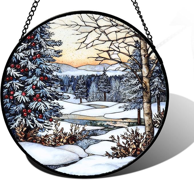DASTOLL Stained Glass Window Hanging, Winter Snow Landscape Suncatcher Diamond Glass Panel Sun Catchers Decor for Birthday for Women, Men, Wife, Aunt, and Mom 7.8 in