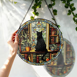 Stained Glass Window Hanging, 8 Inch Black Cat Suncatcher, Sun Catchers Indoor Window, Book Suncatchers for Windows Hanging, Spring Home Garden Librarian Decor Panel, Book Lover Gifts for Women Men