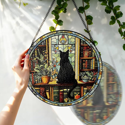 Stained Glass Window Hanging, 8 Inch Black Cat Suncatcher, Sun Catchers Indoor Window, Book Suncatchers for Windows Hanging, Spring Home Garden Librarian Decor Panel, Book Lover Gifts for Women Men