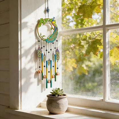 Peacock Dream Catchers Windchimes with Copper Bells 28" Peacock Wind Chimes for Outside Compose‌ Zen Atmosphere Suitable for Outdoor, Garden, Unique Peacock Home Decor Ideal Gift