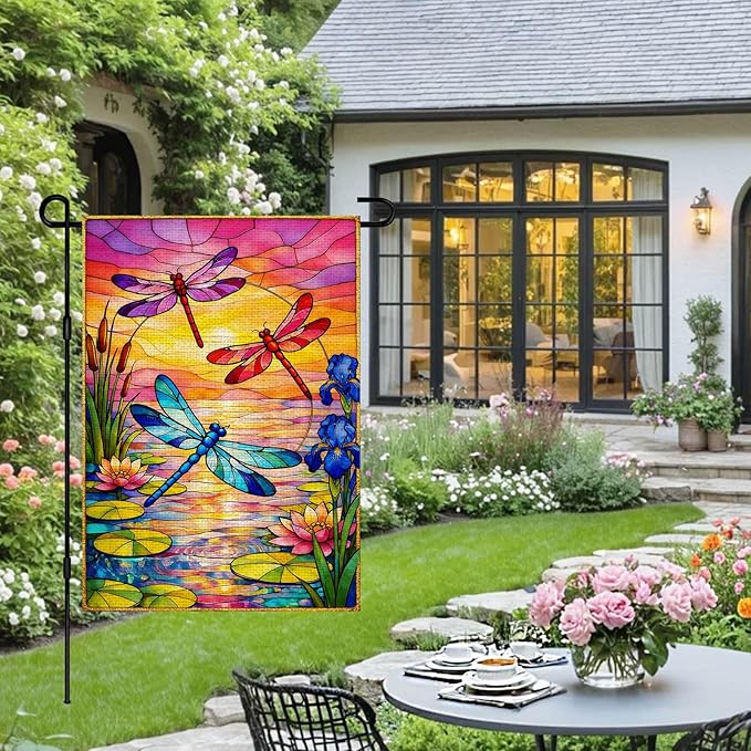 IVN Dragonfly Garden Flag 12x18 Inch – Sunset Lake Stained Glass Style Outdoor Flag, Double Sided Burlap Yard Flag for Porch Lawn Patio Decorative