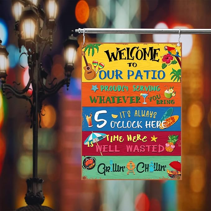 Welcome to Our Patio Outdoor Sign Metal Patio Sign Welcome Signs for Porch New Home Birthday Gift for Men Women Neighbor Friends Family Couple Party Outdoor Pool Decor, 12 x 16 Inches