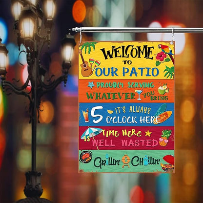 Welcome to Our Patio Outdoor Sign Metal Patio Sign Welcome Signs for Porch New Home Birthday Gift for Men Women Neighbor Friends Family Couple Party Outdoor Pool Decor, 12 x 16 Inches