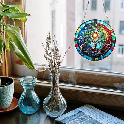 Tree of Life Stained Glass Window Hanging, 7.8" Hand-Painted Sun Catcher Glass Panel Wall Art Decor with Chain, Tree of Life Gifts for Women Mom Grandma, Outdoor Indoor Art Decor for Home Garden