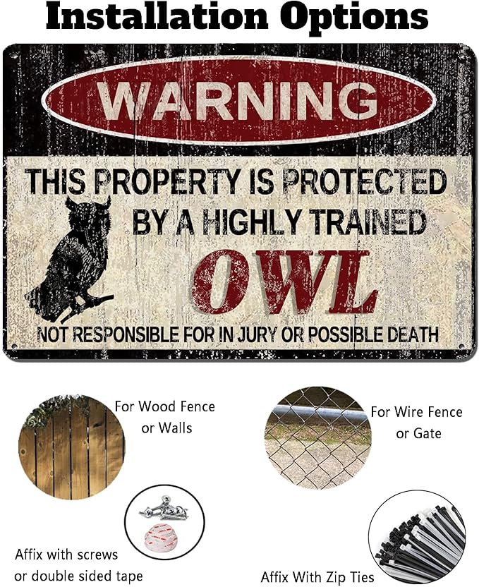 Vintage Owl Metal Sign Warning This Property is Protected by Highly Trained Owl Yard Sign Outdoor Home Wall Decor 12x8Inch