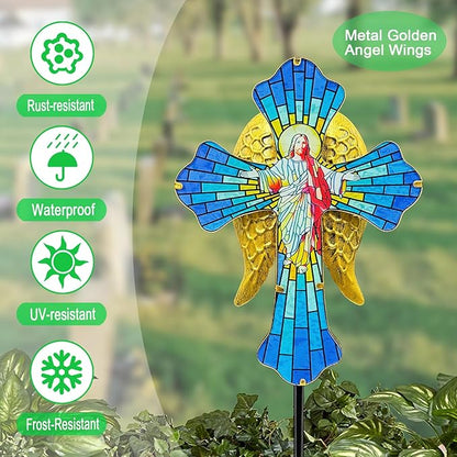Solar Jesus Cross for Gemetery Graver,Golden Angel Wings,Grave Decorations for Cemetery,Sympathy Memorial Gifts,Christmas Yard Decor Outdoor