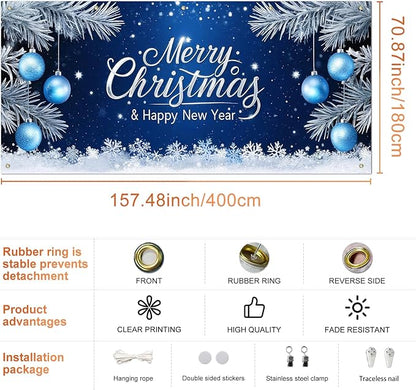 IVN Christmas Garage Door Cover Decoration 13x6ft Blue Night Snowflakes Silver Ornaments Pine Branches Merry Christmas Winter Garage Door Banner Home Door Front Yard Decor for Xmas Eve Holiday Outdoor