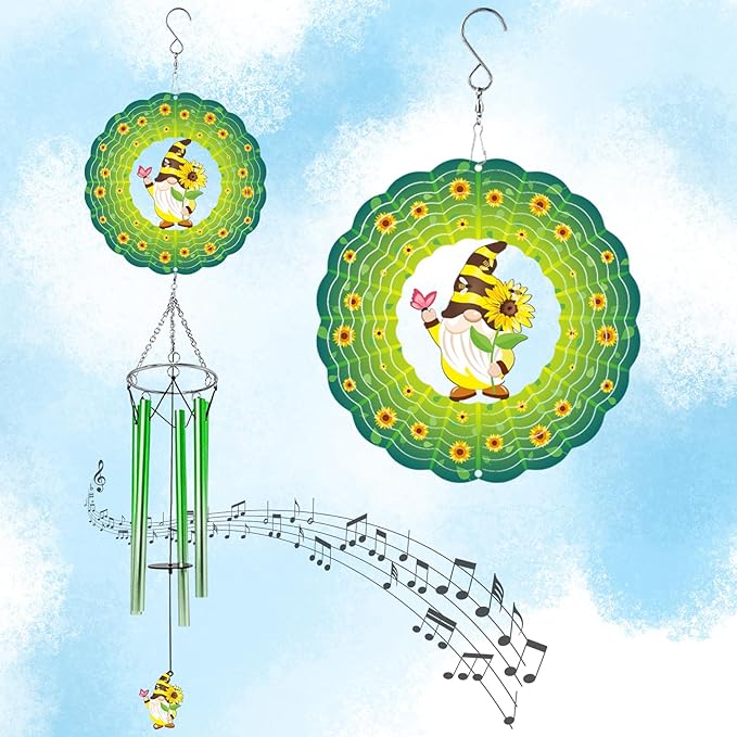 Wind Chimes with Sunflower Gnome 3D Display Wind Spinner for Outside Garden Patio Yard Decor, Metal Decorative Windchime Outdoor Hanging Gift for Mom Women Wife, for Christmas, Birthday