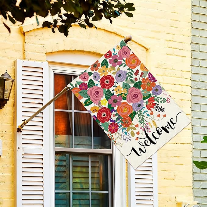Baccessor Spring Summer Welcome House Flag Double Sided 28x40 Inch Burlap,Floral Flowers Large Garden Flag Porch Patio Front Entry Yard Seasonal Farmhouse Outside Outdoor Decor