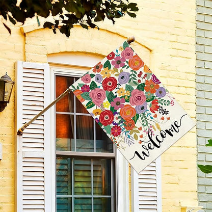Baccessor Spring Summer Welcome House Flag Double Sided 28x40 Inch Burlap,Floral Flowers Large Garden Flag Porch Patio Front Entry Yard Seasonal Farmhouse Outside Outdoor Decor