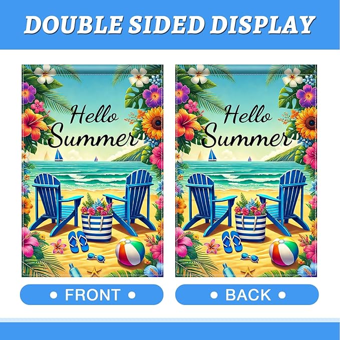 HOMETITUTE Hello Summer Garden Flag Beach Chair Sunset Sea 12x18 Inch Double Sided Welcome Small Seasonal Holiday Yard Outdoor Sign Outside Home House Beach Party Decorations