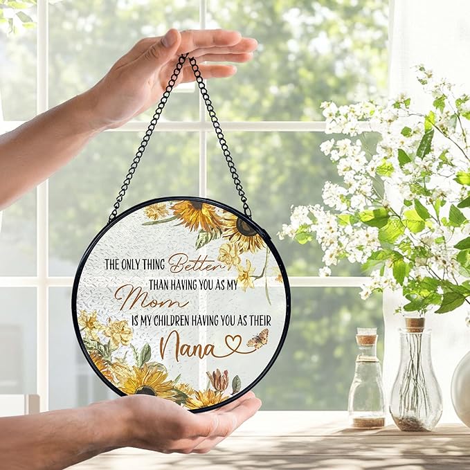 Nana Gifts Suncatchers Stained Glass Window Hanging, Mom Nana Gifts for Mother's Day, Sunflower Sun Catchers Indoor Window, Gift for Mother Grandma, 7.9x7.9in
