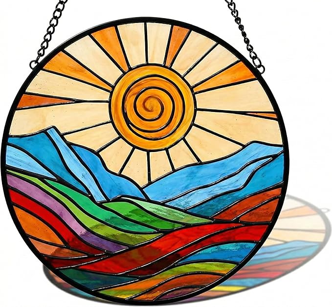 Stunning 12" Stained Glass Suncatcher - Colorful Spiral Sun & Rainbow Mountain Window Hanging, Handcrafted Outdoor Garden Decor, Ideal Mother’s Day or Housewarming Gift