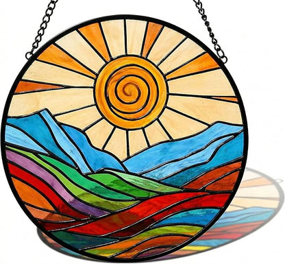 Stunning 12" Stained Glass Suncatcher - Colorful Spiral Sun & Rainbow Mountain Window Hanging, Handcrafted Outdoor Garden Decor, Ideal Mother’s Day or Housewarming Gift