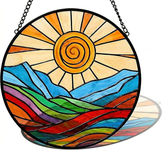 Stunning 12" Stained Glass Suncatcher - Colorful Spiral Sun & Rainbow Mountain Window Hanging, Handcrafted Outdoor Garden Decor, Ideal Mother’s Day or Housewarming Gift