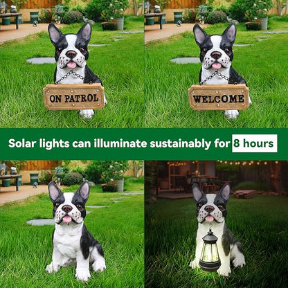 Adorable Black & White French Bulldog Sculpture with Solar Lantern & Double-Sided 'On Patrol' and 'Welcome' Signposts – Fun Outdoor Resin Statue for Garden, Yard, and Patio Décor