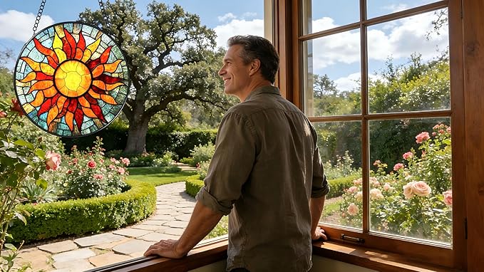 Funoasis Stained Glass Window Hanging 6.3 Inches Suncatcher - Sun and Sun Flames Ornaments Sun Catcher Home Decor Women Birthday