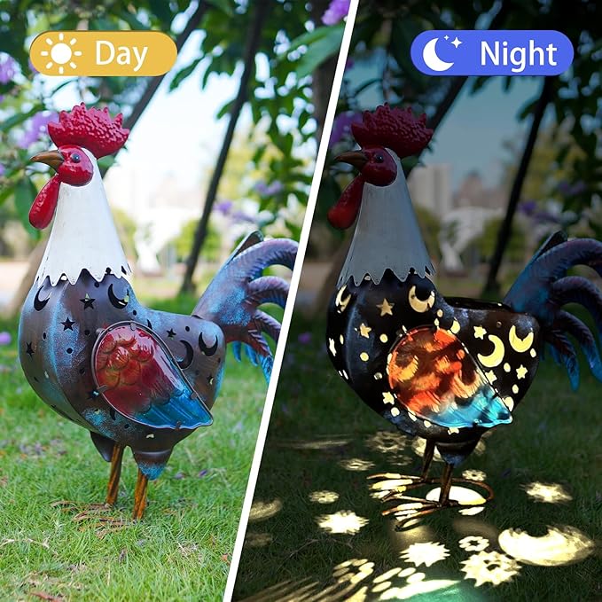 HONGLAND Metal Rooster Yard Decor,18" Chicken Garden Statue Outside with Solar Light,Farm Decorative Ornaments for Home Patio Yard Lawn,Gift for Chickens Lover