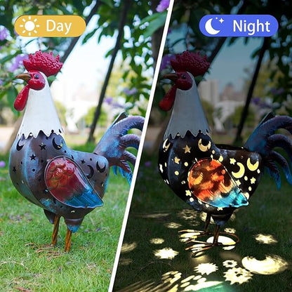 HONGLAND Metal Rooster Yard Decor,18" Chicken Garden Statue Outside with Solar Light,Farm Decorative Ornaments for Home Patio Yard Lawn,Gift for Chickens Lover