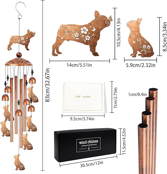 French Bulldog Wind Chimes for Outside, Bulldog Gifts for Women Men Metal Windchimes Outdoors, Dog Home Garden Patio Yard Decor