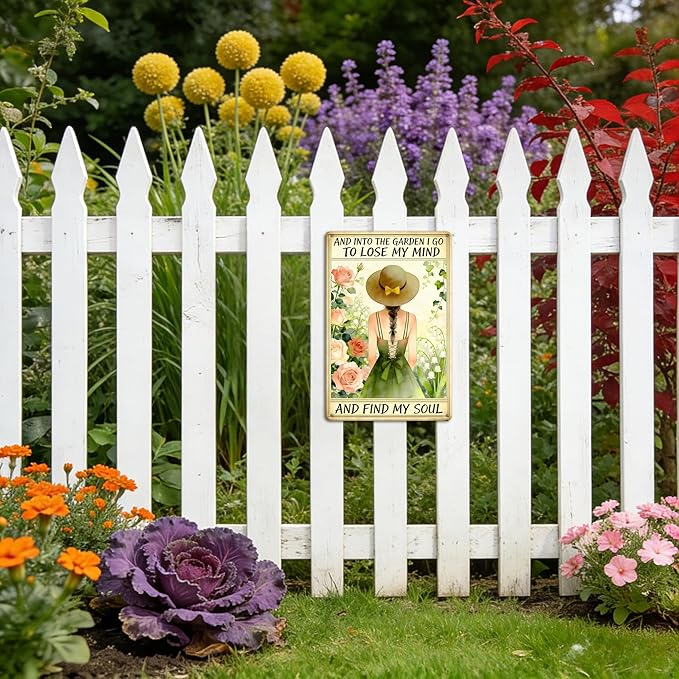 Garden Signs for Outside, Funny Metal Signs for Home Garden Patio Yard, Vintage Gardening Gifts for Women - and Into The Garden I Go, Wall Decor 12" x 8"