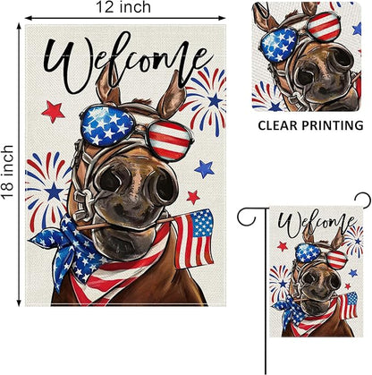 Welcome 4th of July Donkey Patriotic Decorative Garden Flag, America USA Stars Stripes Independence Day Yard Outside Decorations, American Firework Outdoor Small Home Decor Double Sided 12 x 18