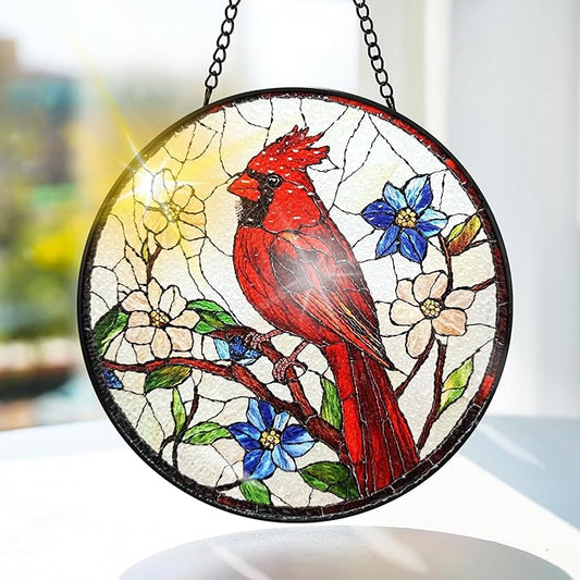 Bimkole Red Bird Stained Glass Suncatcher Window Hanging - Flowers Design for Indoor Window or Doorway Decoration - 7.87x7.87 inch with Chain and Hook - Unique Home Decor Gift