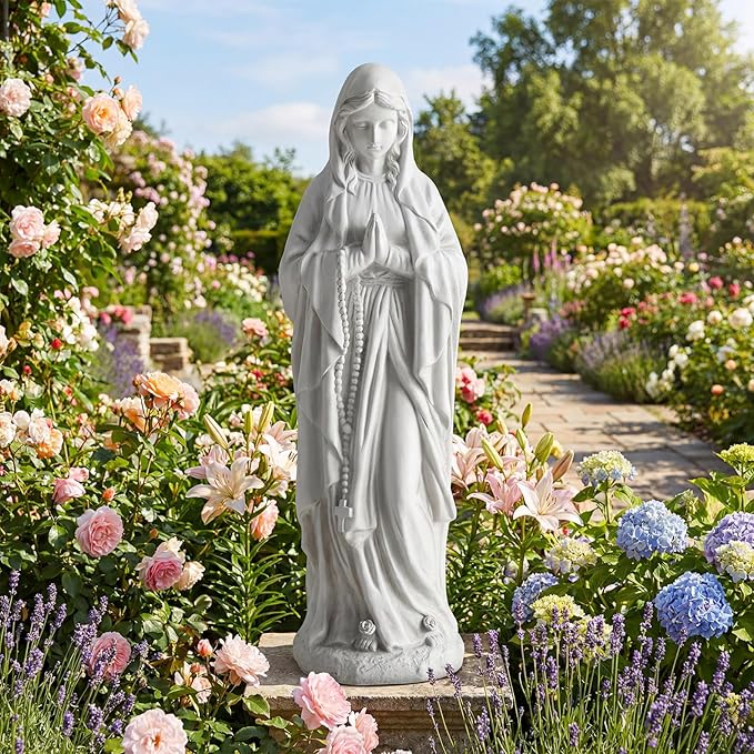 Giantex Virgin Mary Praying Statue 29.5", Blessed Mother Outdoor Religious Statue with Rosary Beads, Weather-Resistant MgO Catholic Yard Decor for Lawn, Patio, Prayer Garden & Memorial, Off White