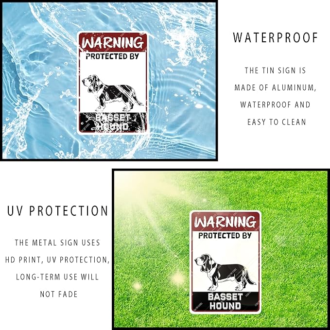 snowsun Warning Metal Signs Protected by Basset Hound Dog Tin Sign for Home Garden Yard Street Wall Decor 8×12 Inches