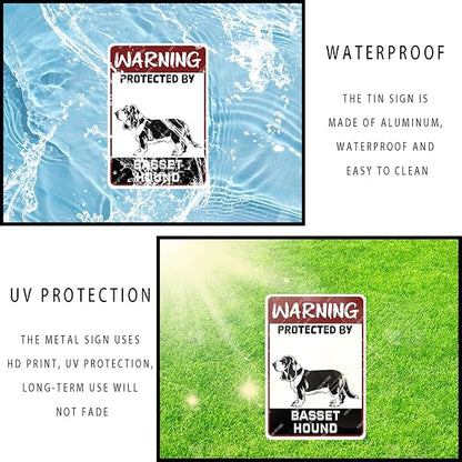 snowsun Warning Metal Signs Protected by Basset Hound Dog Tin Sign for Home Garden Yard Street Wall Decor 8×12 Inches