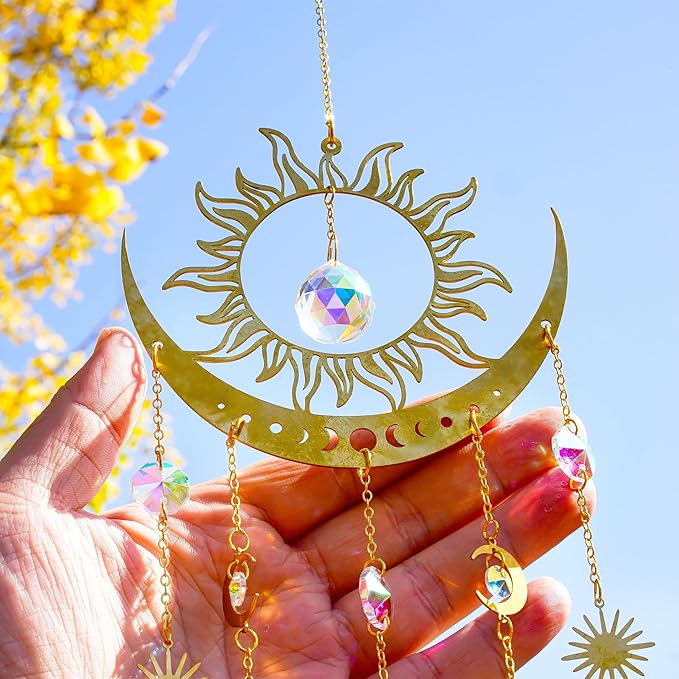 H&D HYALINE & DORA Sun and Moon Suncatcher Crystal Wind Chimes for Hanging Outdoor Indoor Glass Window Hanging Prisms for Garden Backyard Ceiling Room Decor