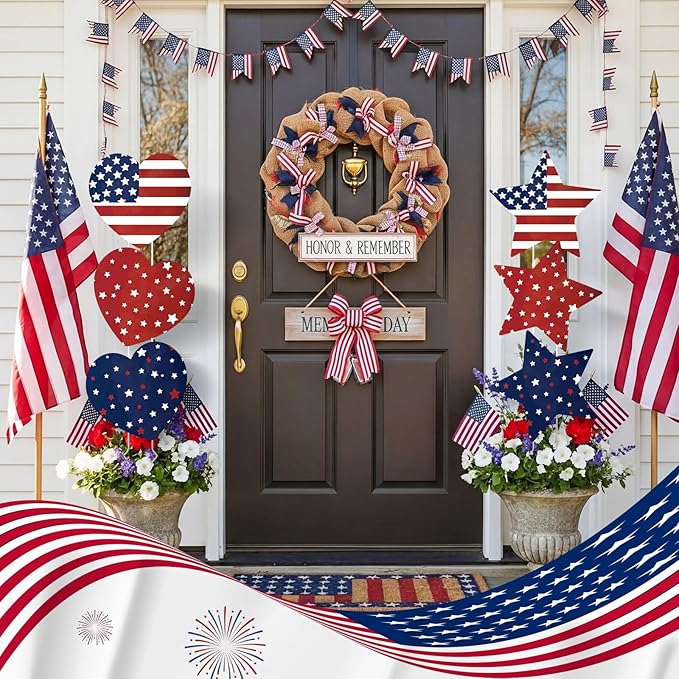 RattanView 6 Pack Outdoor Memorial Day Yard Signs Patriotic Yard Sign with Stakes Red White Blue Stars and Heart Front Porch Decor for Memorial Day Cemetery Lawn Garden Patio Decorations