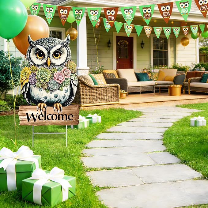 Spring Yard Decorations Welcome Owl Yard Sign with Stakes, Farmhouse Front Porch Garden Outdoor Decor Rustic Animal Yard Sign for Seasonal Home Patio Decor
