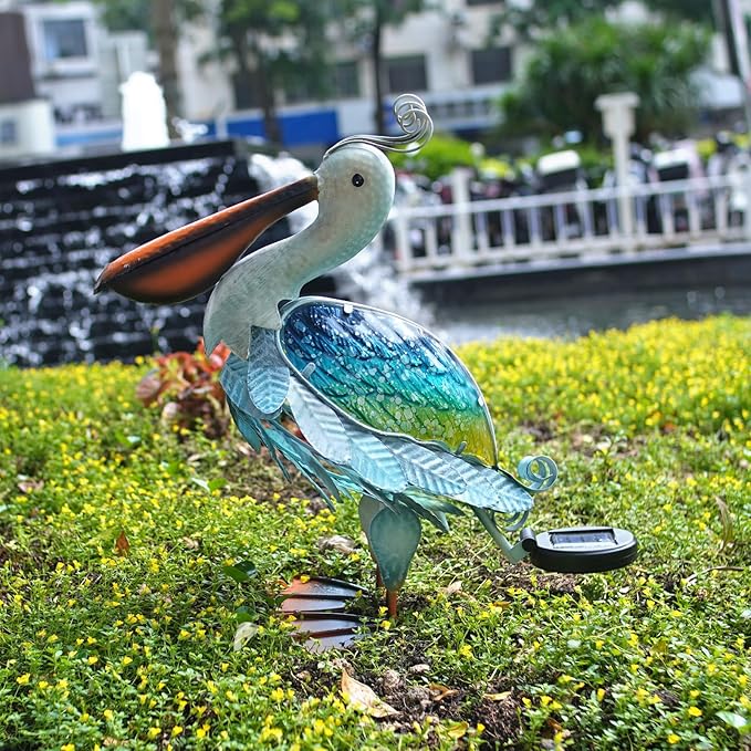 HONGLAND Solar Metal Pelican Statues Garden Sculpture & Statues, 17 Inch Glass Outdoor Pelican Yard Art Coastal Ocean Bird Decor Lawn Ornament for Backyard Porch Patio Decor（Blue-Green）